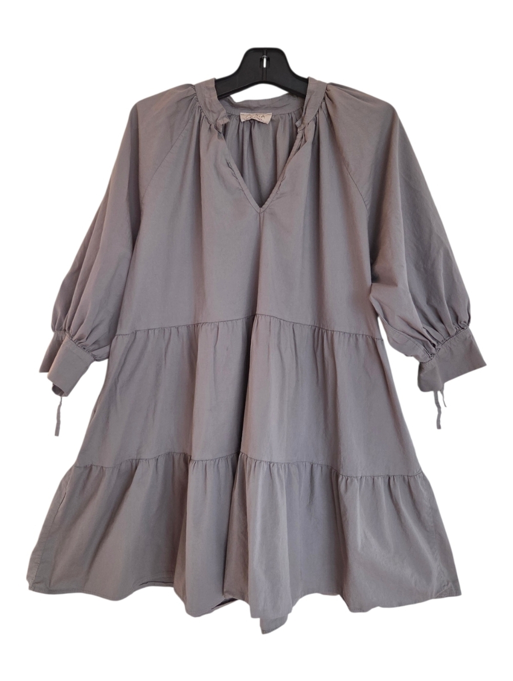 Sofia Italy Puff Sleeve Tiered Mini Dress Cotton 3/4 sleeves Taupe Gray Putty OS